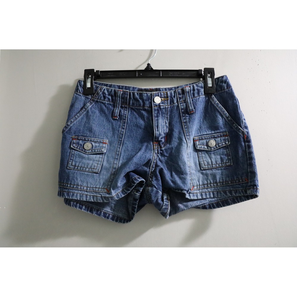 No Boundaries Blue Denim Shorts Junior 5 Red Contrast Stitching Y2K Utility
